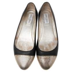Pre Owned Jimmy Choo Black Leather and Gold Waine Crystal Embellished Cap-Toe Ballet Flats Size 40