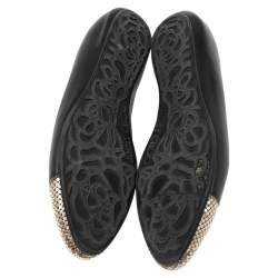 Pre Owned Jimmy Choo Black Leather and Gold Waine Crystal Embellished Cap-Toe Ballet Flats Size 40