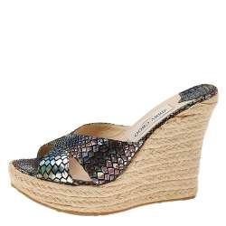 مملوكة مسبقًا Jimmy Choo Multicolor Holographic Python Effect Phyllis Espadrilles Wedges Slides Size 39.5