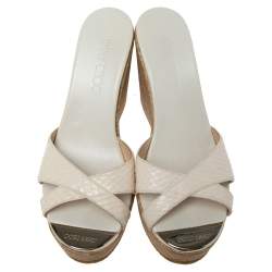 Pre Owned Jimmy Choo White Snakeskin Crisscross Prima Cork Wedge Slide Sandals Size 35