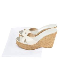 Pre Owned Jimmy Choo White Snakeskin Crisscross Prima Cork Wedge Slide Sandals Size 35