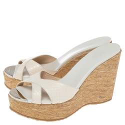 Pre Owned Jimmy Choo White Snakeskin Crisscross Prima Cork Wedge Slide Sandals Size 35