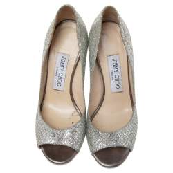 Pre Owned Jimmy Choo Silver Glitter Fabric Dahlia Platform Peep Toe Pumps Size 35