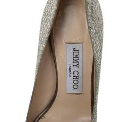 Pre Owned Jimmy Choo Silver Glitter Fabric Dahlia Platform Peep Toe Pumps Size 35