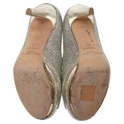 Pre Owned Jimmy Choo Silver Glitter Fabric Dahlia Platform Peep Toe Pumps Size 35