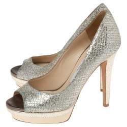 Pre Owned Jimmy Choo Silver Glitter Fabric Dahlia Platform Peep Toe Pumps Size 35