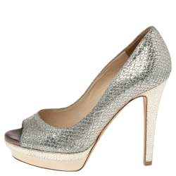 Pre Owned Jimmy Choo Silver Glitter Fabric Dahlia Platform Peep Toe Pumps Size 35