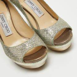 Pre Owned Jimmy Choo Silver Glitter Fabric Dahlia Platform Peep Toe Pumps Size 35