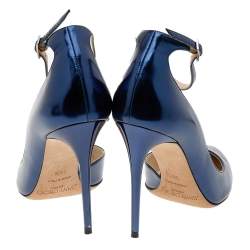 Pre Owned Jimmy Choo Navy Blue Leather Lucy Ankle Strap Pointed Toe D'orsay Pumps Size 36.5