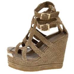 Pre Owned Jimmy Choo Beige Suede Ankle Strap Espadrille Wedge Sandals Size 40