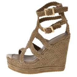 Pre Owned Jimmy Choo Beige Suede Ankle Strap Espadrille Wedge Sandals Size 40