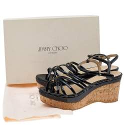 Pre Owned Jimmy Choo Black Patent Leather Cork Wedge Strappy Platform Sandals Size 38.5