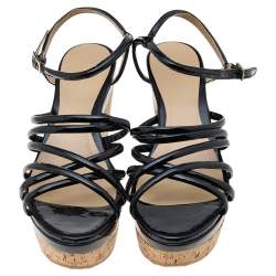 Pre Owned Jimmy Choo Black Patent Leather Cork Wedge Strappy Platform Sandals Size 38.5