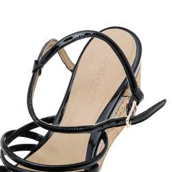 Pre Owned Jimmy Choo Black Patent Leather Cork Wedge Strappy Platform Sandals Size 38.5
