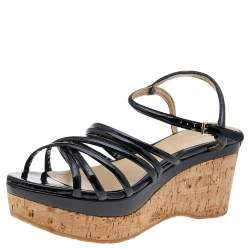 Pre Owned Jimmy Choo Black Patent Leather Cork Wedge Strappy Platform Sandals Size 38.5