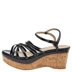 Pre Owned Jimmy Choo Black Patent Leather Cork Wedge Strappy Platform Sandals Size 38.5