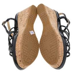 Pre Owned Jimmy Choo Black Patent Leather Cork Wedge Strappy Platform Sandals Size 38.5