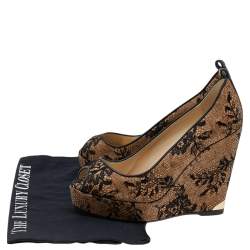 Jimmy Choo Beige/Black Lace And Cork Pacific Platform Peep Toe Pumps Size 38