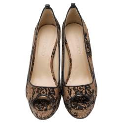 Jimmy Choo Beige/Black Lace And Cork Pacific Platform Peep Toe Pumps Size 38