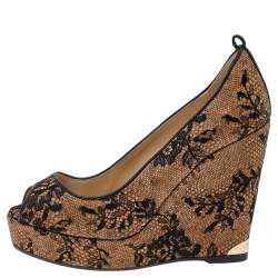 Jimmy Choo Beige/Black Lace And Cork Pacific Platform Peep Toe Pumps Size 38