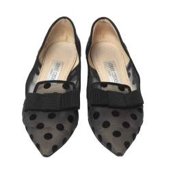 Pre Owned Jimmy Choo Black Gala Flocked Mesh Pointed-Toe Ballet Flats Size 38.5