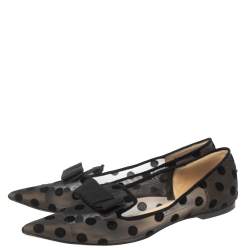 Pre Owned Jimmy Choo Black Gala Flocked Mesh Pointed-Toe Ballet Flats Size 38.5