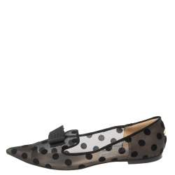 Pre Owned Jimmy Choo Black Gala Flocked Mesh Pointed-Toe Ballet Flats Size 38.5