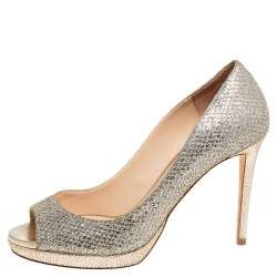Pre Owned Jimmy Choo Gold/Silver Glitter Fabric Dahlia Peep-Toe Pumps Size 38