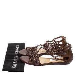Pre Owned Jimmy Choo Brown Leather Studded Caged T-Strap Flat Sandals Size 37.5