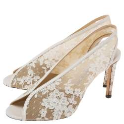 Pre Owned Jimmy Choo White Lace and Leather  Shar Slingback Sandals Size 39