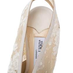 Pre Owned Jimmy Choo White Lace and Leather  Shar Slingback Sandals Size 39