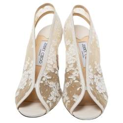 Pre Owned Jimmy Choo White Lace and Leather  Shar Slingback Sandals Size 39
