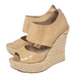Pre Owned Jimmy Choo Beige Patent Leather Patriot Wedge Espadrille Sandals Size 35.5