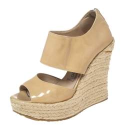 Pre Owned Jimmy Choo Beige Patent Leather Patriot Wedge Espadrille Sandals Size 35.5