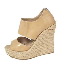 Pre Owned Jimmy Choo Beige Patent Leather Patriot Wedge Espadrille Sandals Size 35.5