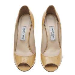 Jimmy Choo Beige Patent Leather Baxen Wedge Peep Toe Pumps Size 39