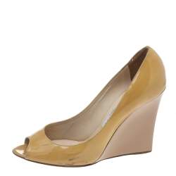 Jimmy Choo Beige Patent Leather Baxen Wedge Peep Toe Pumps Size 39