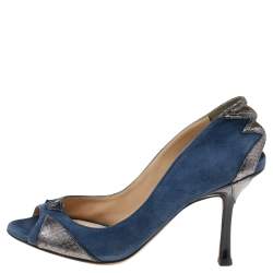 Jimmy Choo Blue Suede and Snakeskin Peep Toe Pumps Size 36.5