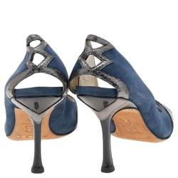 Jimmy Choo Blue Suede and Snakeskin Peep Toe Pumps Size 36.5