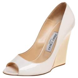 Jimmy Choo Off-White Patent Leather Peep-Toe Wedge Pumps Size 