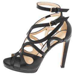Pre Owned Jimmy Choo Black Leather Caged Ankle Sandals Size 39