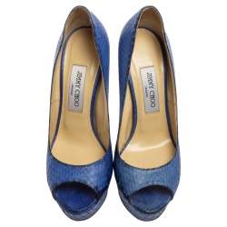 Jimmy Choo Blue Python Embossed Leather Peep Toe Platform Pumps Size 39