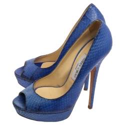 Jimmy Choo Blue Python Embossed Leather Peep Toe Platform Pumps Size 39