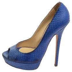 Jimmy Choo Blue Python Embossed Leather Peep Toe Platform Pumps Size 39