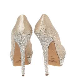 Pre Owned Jimmy Choo Beige Satin Crystal Embellished Platform Peep-Toe Pumps Size 39