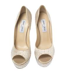 Pre Owned Jimmy Choo Beige Satin Crystal Embellished Platform Peep-Toe Pumps Size 39