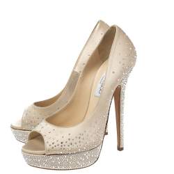 Pre Owned Jimmy Choo Beige Satin Crystal Embellished Platform Peep-Toe Pumps Size 39