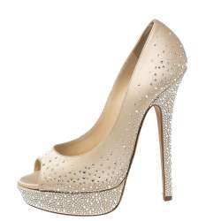 Pre Owned Jimmy Choo Beige Satin Crystal Embellished Platform Peep-Toe Pumps Size 39