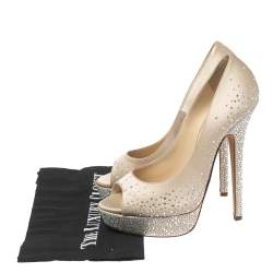 Pre Owned Jimmy Choo Beige Satin Crystal Embellished Platform Peep-Toe Pumps Size 39