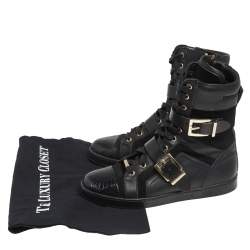 Pre Owned حذاء بوت جيمي تشو كومبات جلد وسويدي أسود مقاس 36 